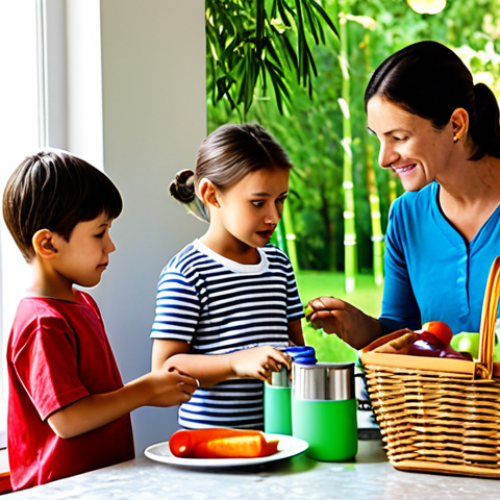 Home 4 A family, including a mother, father, and two children, in modest, comfortable casual wear, preparing for an eco-friendly picnic in a bright kitchen. They are packing a reusable picnic kit featuring stainless steel food containers, colorful cloth napkins, bamboo cutlery, and refillable water bottles into a large woven basket. Sunlight streams through a window showing a lush green park outside. The children are attentively watching their parents, learning about sustainable practices. Perfect anatomy, correct proportions, natural pose, well-formed hands, proper finger count, natural body proportions, professional photography, high quality. Safe for work, appropriate content, fully clothed, family-friendly, modest clothing.