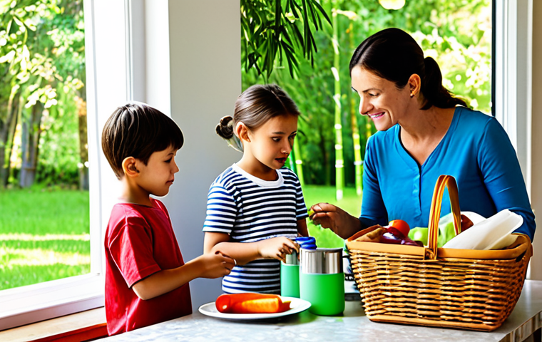A family, including a mother, father, and two children, in modest, comfortable casual wear, preparing for an eco-friendly picnic in a bright kitchen. They are packing a reusable picnic kit featuring stainless steel food containers, colorful cloth napkins, bamboo cutlery, and refillable water bottles into a large woven basket. Sunlight streams through a window showing a lush green park outside. The children are attentively watching their parents, learning about sustainable practices. Perfect anatomy, correct proportions, natural pose, well-formed hands, proper finger count, natural body proportions, professional photography, high quality. Safe for work, appropriate content, fully clothed, family-friendly, modest clothing.