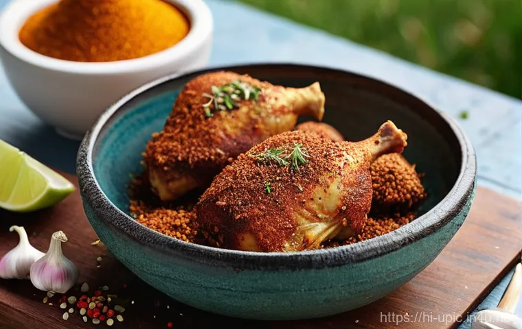 이색피크닉 고기 굽는 법 - **Prompt 1: The Magic of Dry Rubs**
    A close-up shot of raw chicken thighs, generously coated wit...