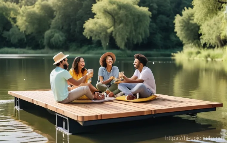 이색피크닉 플로팅 피크닉 - **Romantic Backwater Floating Lunch for a Couple:** A picturesque, cinematic shot of a young, stylis...
