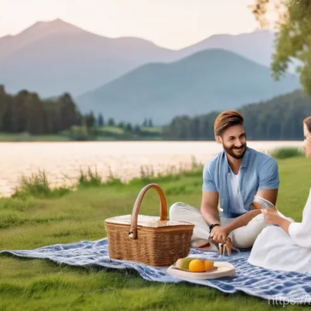 이색피크닉 이동식 피크닉 키트 - **Modern Lakeside Picnic for Two:**
    "A young couple, both in their late 20s, dressed in stylish ...