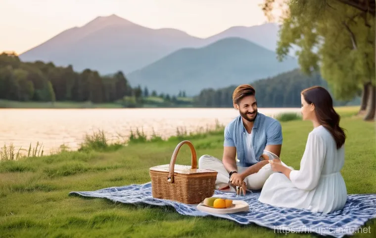 이색피크닉 이동식 피크닉 키트 - **Modern Lakeside Picnic for Two:**
    "A young couple, both in their late 20s, dressed in stylish ...