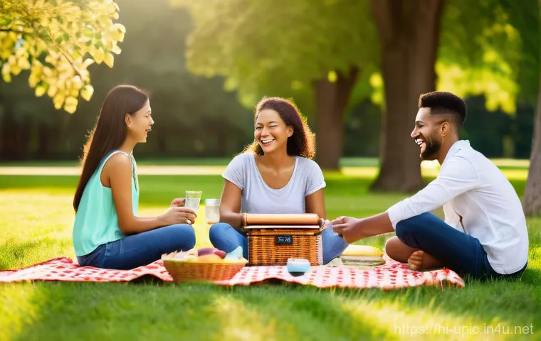 이색피크닉 이동식 피크닉 키트 - **Eco-Friendly Family Picnic in a Meadow:**
    "A family of four – a mother, father, and two childr...
