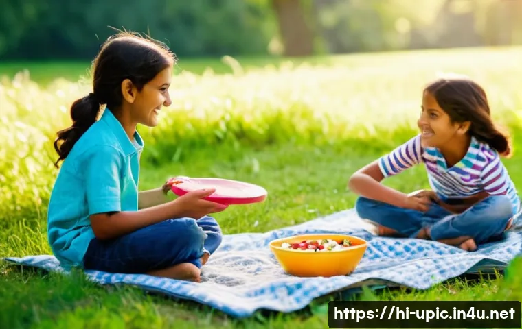 이색피크닉 맞춤형 소풍 용품 - **Prompt:** A serene family picnic scene set in a lush, green meadow beside a gently flowing river. ...