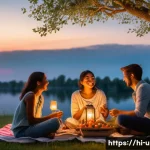 Home 14 이색피크닉 야경과 함께하는 디너 - A serene lakeside picnic dinner scene at twilight, featuring a group of friends sitting on a picnic ...