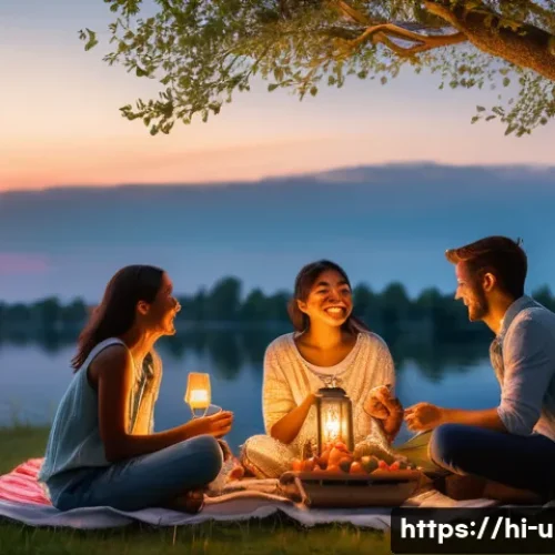 Home 26 이색피크닉 야경과 함께하는 디너 - A serene lakeside picnic dinner scene at twilight, featuring a group of friends sitting on a picnic ...