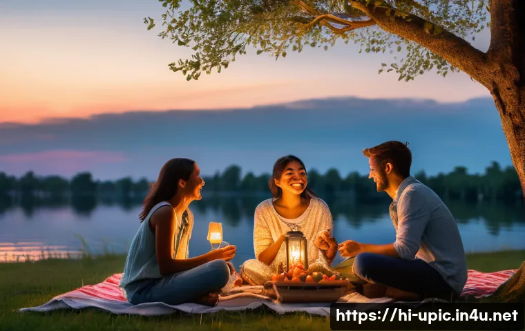 이색피크닉 야경과 함께하는 디너 - A serene lakeside picnic dinner scene at twilight, featuring a group of friends sitting on a picnic ...