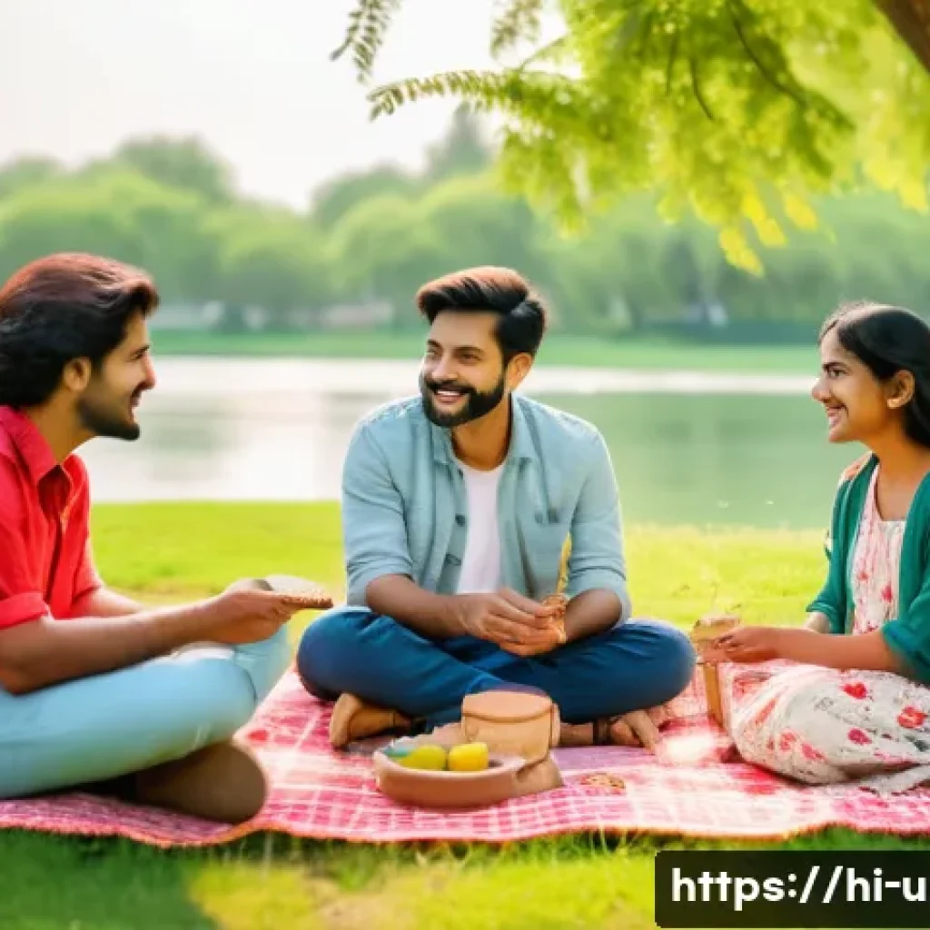 이색피크닉 음악 플레이리스트 - A serene picnic scene in a lush green park during daytime, featuring a diverse group of Hindi-speaki...