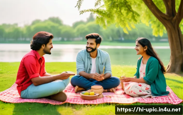 이색피크닉 음악 플레이리스트 - A serene picnic scene in a lush green park during daytime, featuring a diverse group of Hindi-speaki...