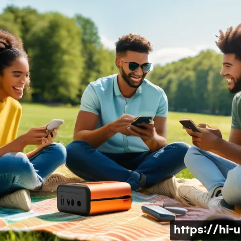 이색피크닉 필수 휴대용 가전 - A vibrant outdoor picnic scene featuring a group of friends using a sleek, compact 10,000mAh power b...