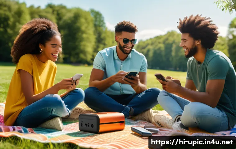 이색피크닉 필수 휴대용 가전 - A vibrant outdoor picnic scene featuring a group of friends using a sleek, compact 10,000mAh power b...