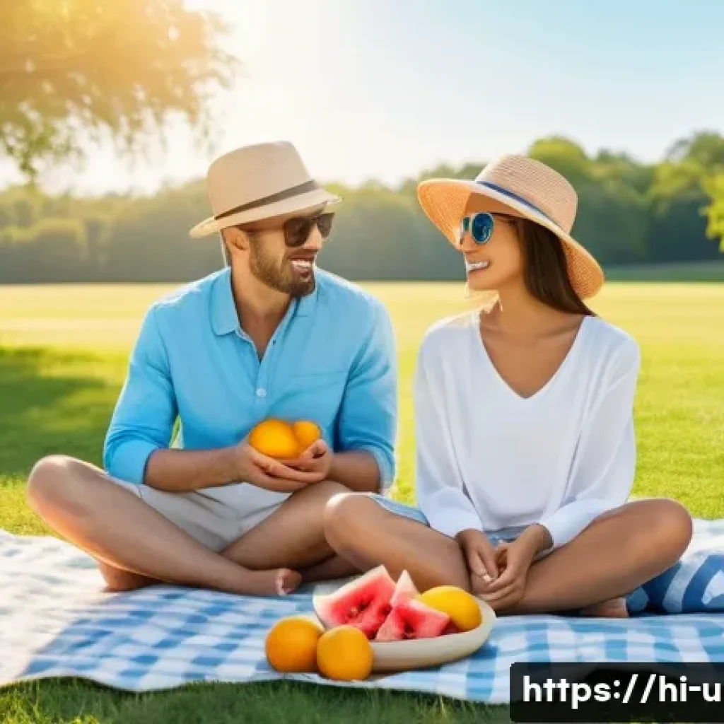 이색피크닉 선탠과 함께하는 여름 피크닉 - A serene picnic scene in a sunny park during early morning hours between 8 and 10 am, featuring a fa...