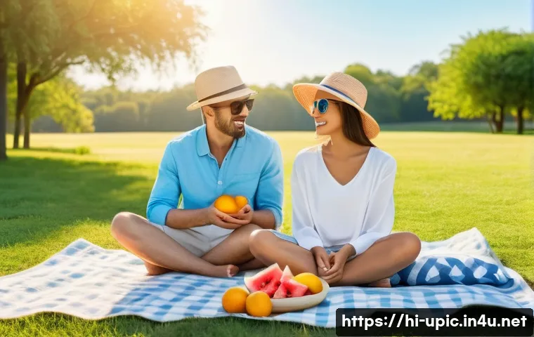 이색피크닉 선탠과 함께하는 여름 피크닉 - A serene picnic scene in a sunny park during early morning hours between 8 and 10 am, featuring a fa...
