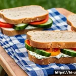 Home 20 이색피크닉 공원에서 간단한 요리 - A vibrant picnic scene featuring fresh vegetable sandwiches on a rustic wooden platter, layered with...