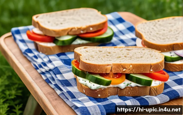 이색피크닉 공원에서 간단한 요리 - A vibrant picnic scene featuring fresh vegetable sandwiches on a rustic wooden platter, layered with...