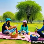 Home 19 이색피크닉 자전거를 이용한 피크닉 - A vibrant scene of a group of Hindi-speaking friends enjoying a bike picnic in a lush green park nea...