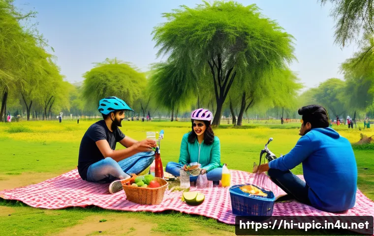 이색피크닉 자전거를 이용한 피크닉 - A vibrant scene of a group of Hindi-speaking friends enjoying a bike picnic in a lush green park nea...