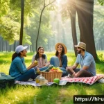 Home 18 이색피크닉 숲속에서의 스프링 피크닉 - A vibrant picnic scene in a lush Indian forest with dense green trees and sunlight filtering through...