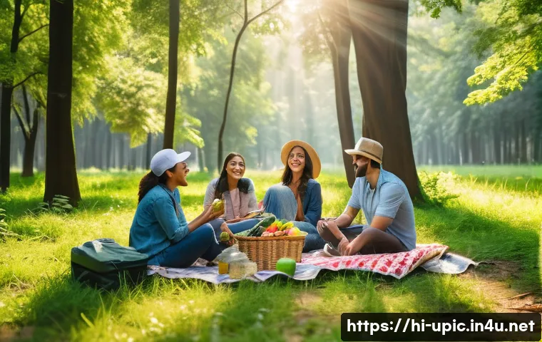 이색피크닉 숲속에서의 스프링 피크닉 - A vibrant picnic scene in a lush Indian forest with dense green trees and sunlight filtering through...