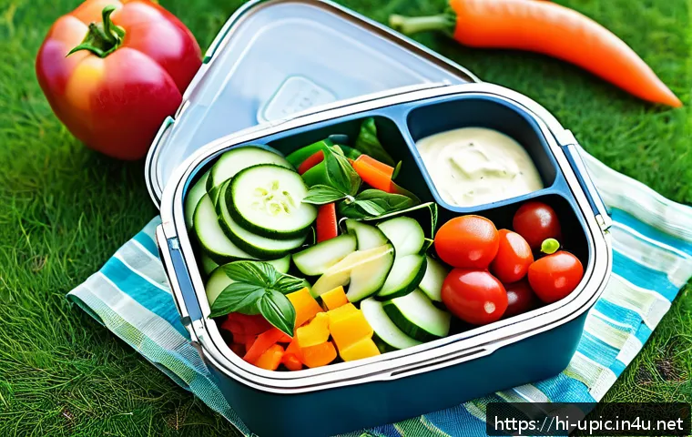 이색피크닉 도시락 장만하기 - A vibrant picnic lunchbox featuring a colorful and nutritious salad made with fresh vegetables like ...