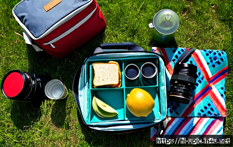 이색피크닉 배낭 꾸리기 - Photorealistic top-down flat lay of a colorful picnic backpack being packed for an unusual outdoor p...